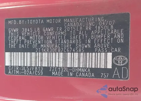 2007 Toyota Matrix Xr из США, поврежденный, VIN 2T1KR30E87C674585